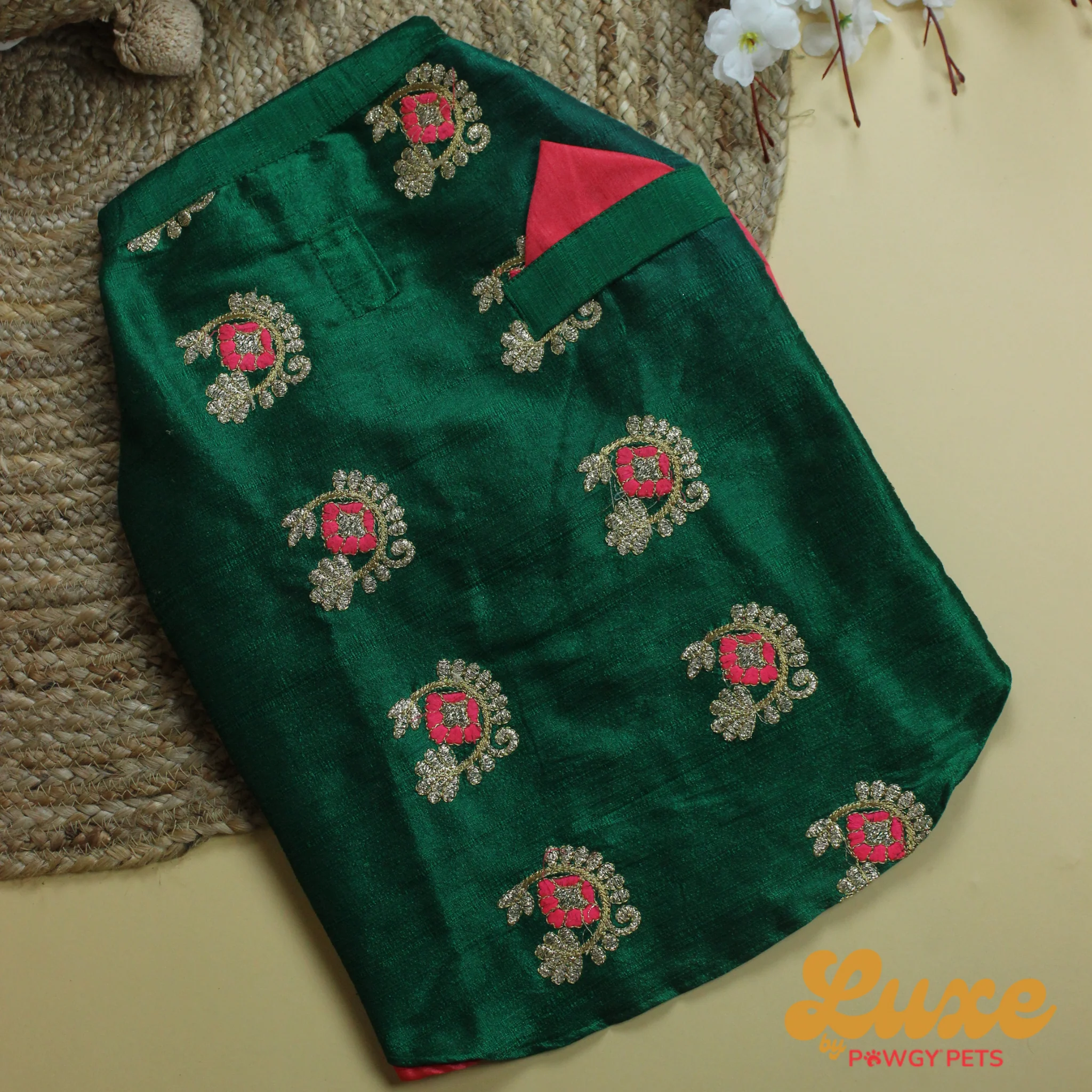 Luxe by Pawgy Pets Kurta & Hand-embroidered Nehru Jacket Bottle Green - Image 4